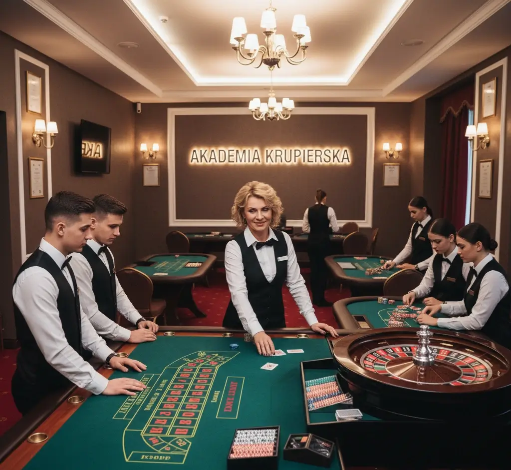 Zdjęcie krupiera w akcji przy stole kasynowym